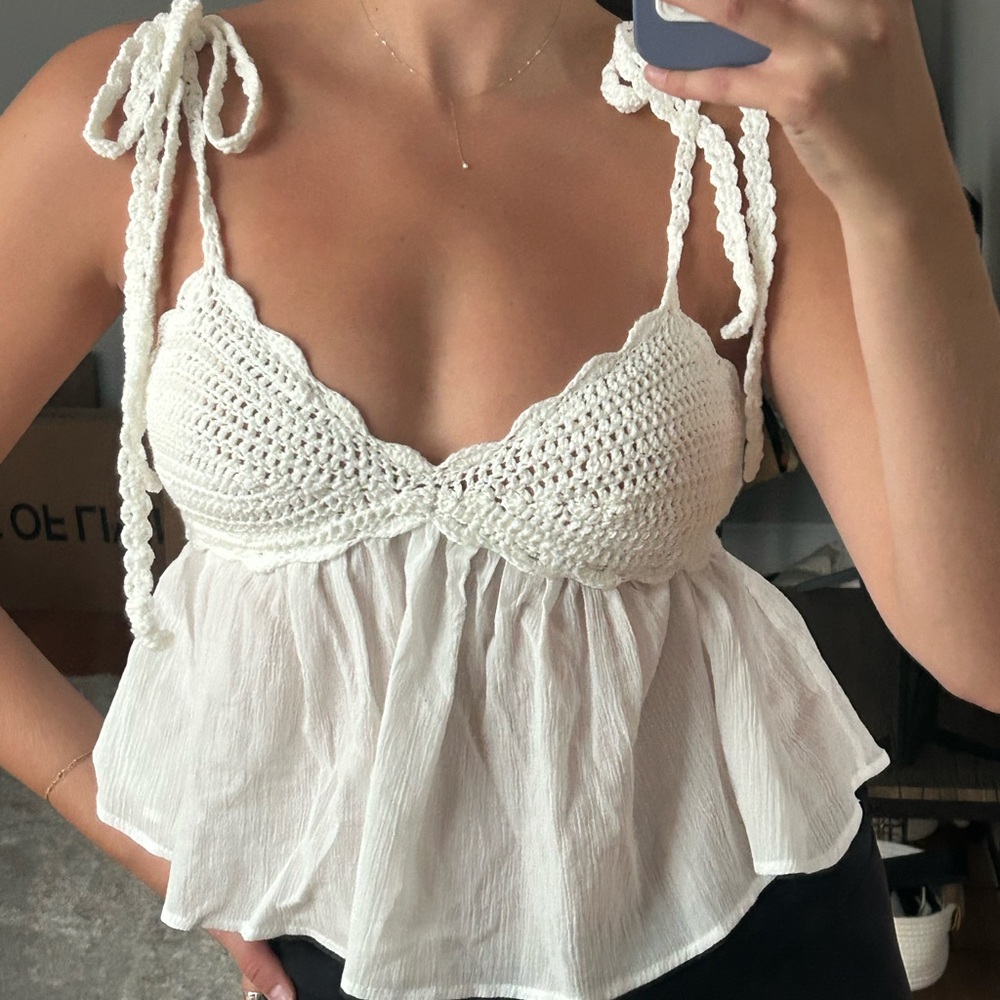 White Crochet Women Top